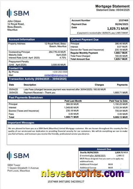 Mauritius SBM Bank (Mauritius) Limited mortgage statement Word and PDF template